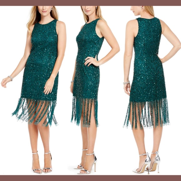 NWT‎ Adrianna Papell [ 8 ] Beaded Short Dress in Dark Jade Green - Picture 1 of 12